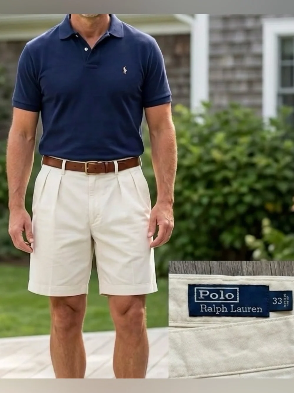 Vintage Polo Ralph Lauren Pleated Chino Shorts Cream Mens 33 1990s S005